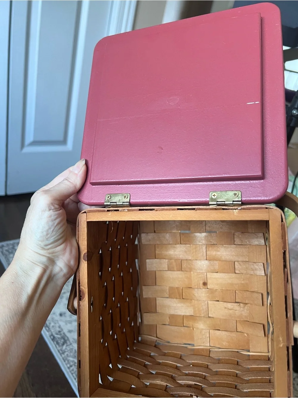 Woven vintage Chicken Feed Basket with Decorative Rooster Lid by Susan Winget